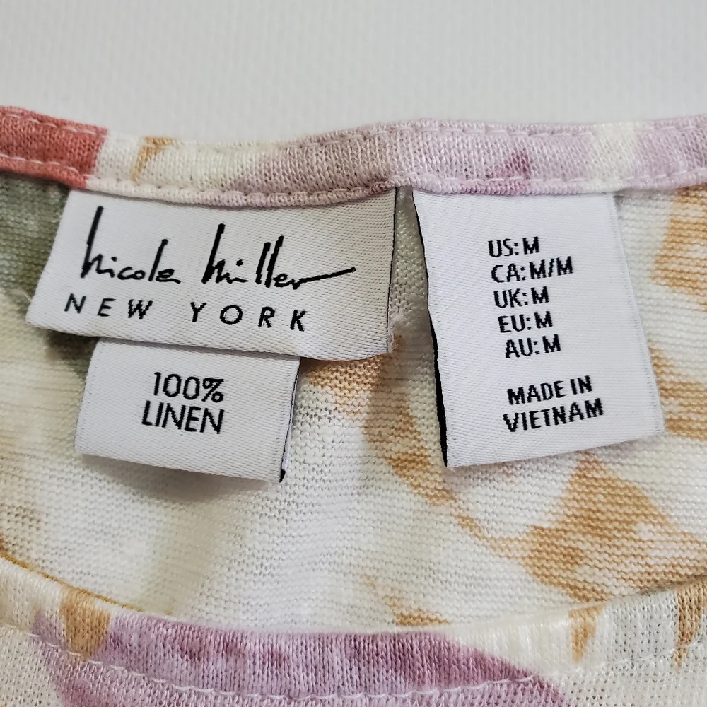 2558 * Nicole Miller Abstract Floral Linen Top Sleeveless Tan Green Red Size M - Picture 3 of 5